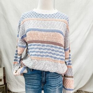 Hunt Club Striped Crewneck Sweater - Blue, Orange, Cream